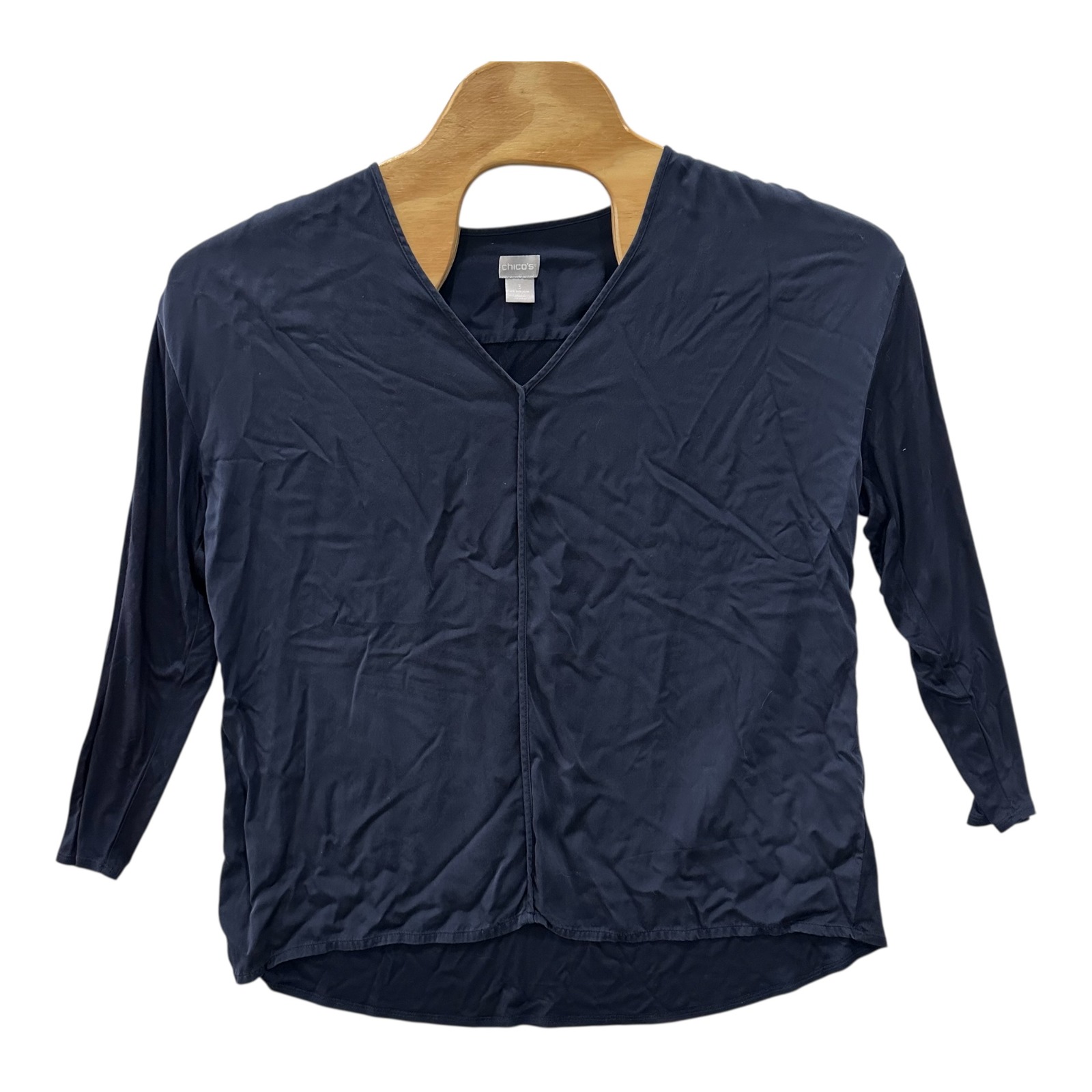 Chicos Navy Blue Modal V-Neck 3/4 Sleeve Top Size 3 Us 16/18 High Low Hem